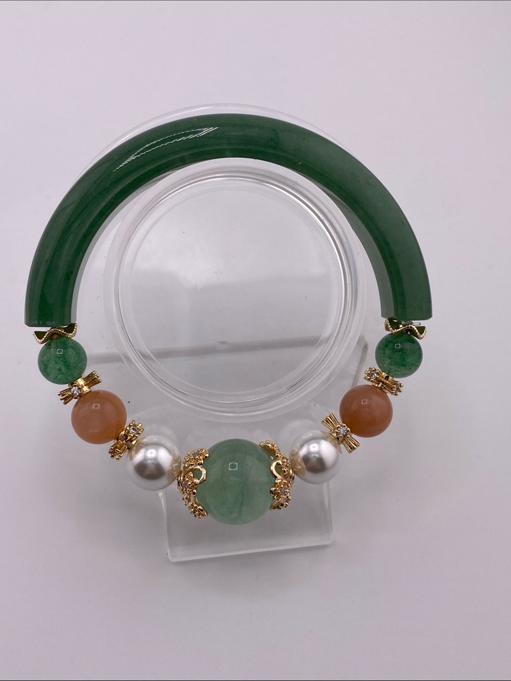 Green Strawberry Quartz Half-Bangle Bracelet - Gemstone Bead Mix